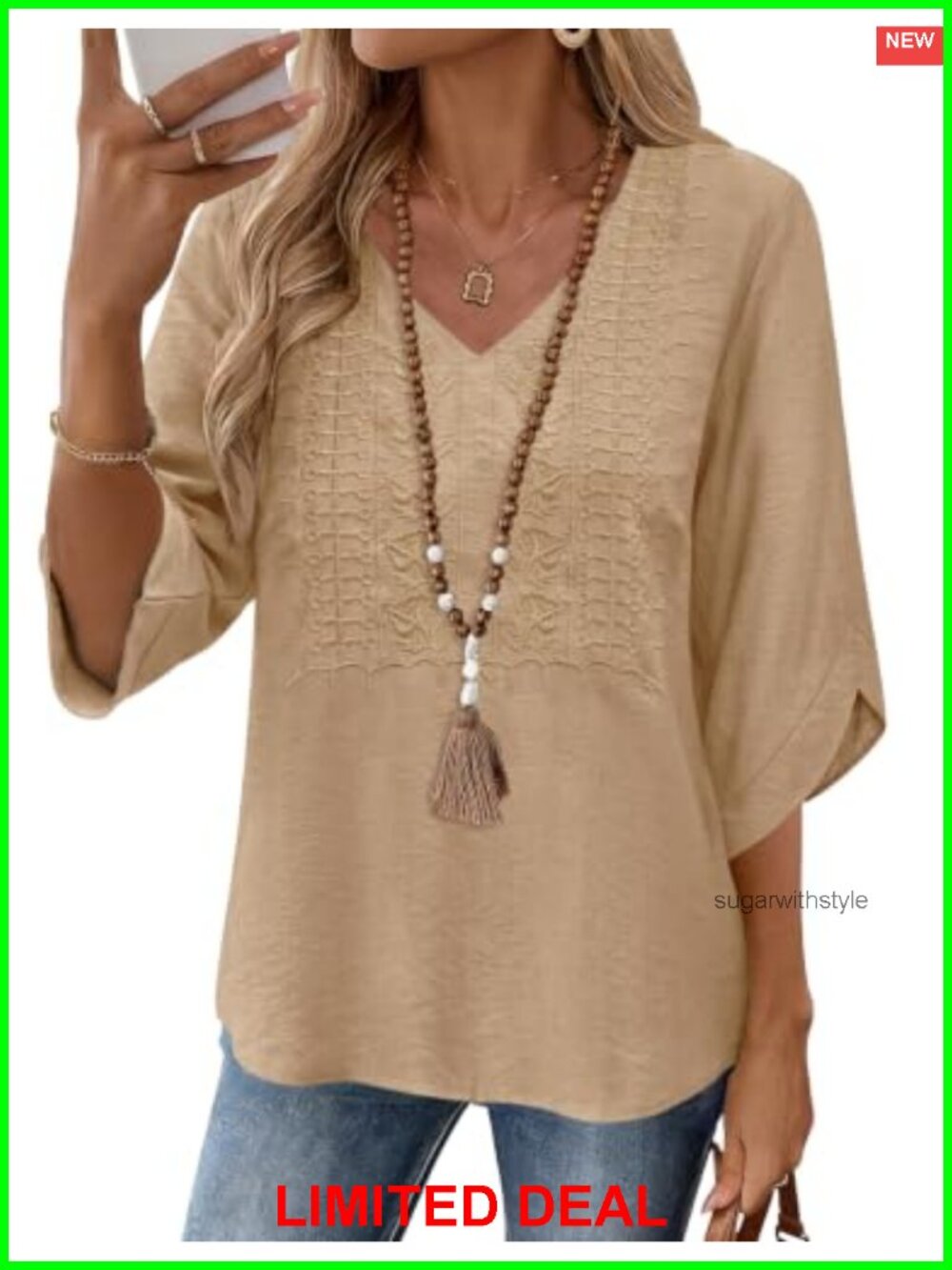 Womens Embroidered Lace Blouse 3/4 Bell Sleeve V-Neck Boho Tunic Top